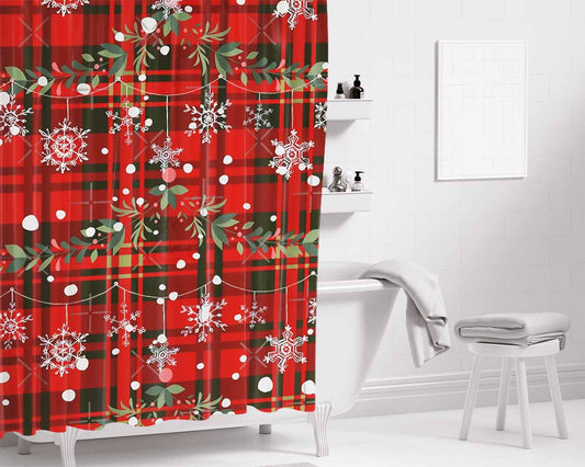 Christmas Snowflake Tartan Bathroom Shower Curtain Fabric Waterproof | 66 X 72 Inch