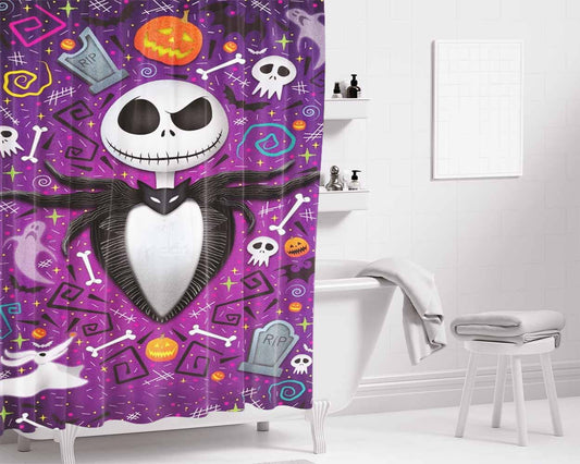 Cute Nightmare Before Christmas Purple Wallpaper Bathroom Shower Curtain Fabric Waterproof | 66 X 72 Inch