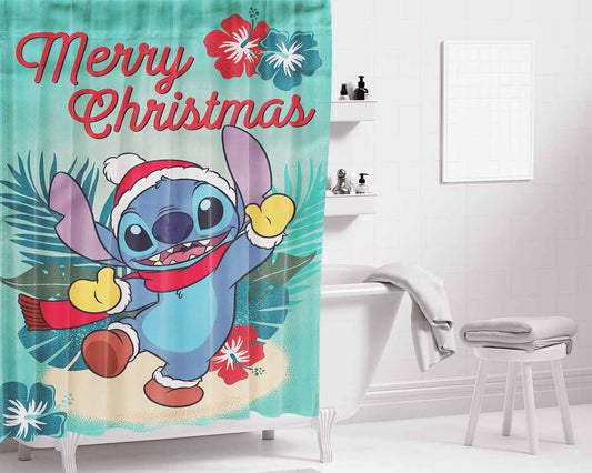 Disney Merry Christmas Stitch Bathroom Shower Curtain Fabric Waterproof | 66 X 72 Inch
