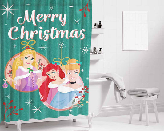 Disney Princess Christmas Ornaments Bathroom Shower Curtain Fabric Waterproof | 66 X 72 Inch