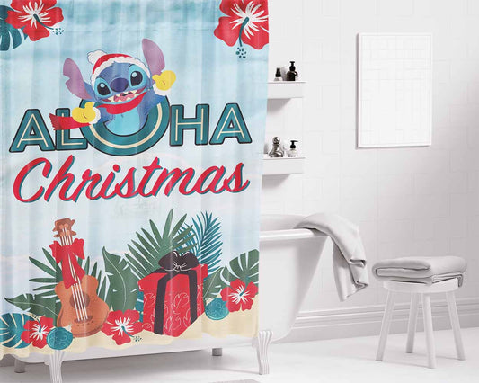 Disney Stitch Aloha Christmas Bathroom Shower Curtain Fabric Waterproof | 66 X 72 Inch