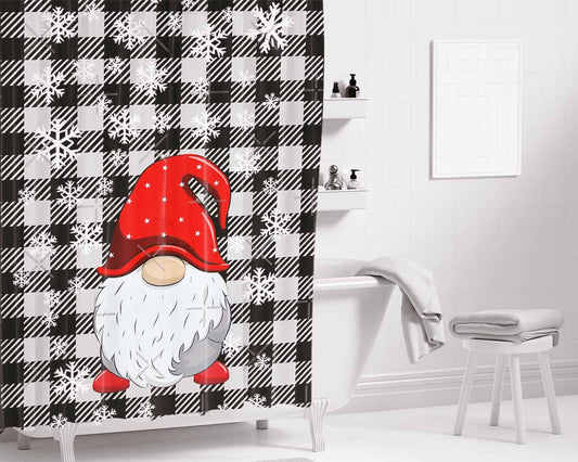 Gnomes Gray Buffalo Plaid Christmas Snowflakes Bathroom Shower Curtain Fabric Waterproof | 66 X 72 Inch