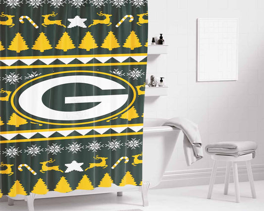 Green Bay Packers Christmas Sweater Bathroom Shower Curtain Fabric Waterproof | 66 X 72 Inch