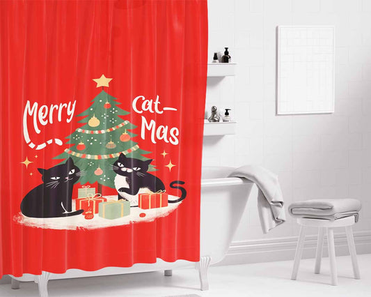 Merry Cat-Mas Funny Cats Christmas Tree Bathroom Shower Curtain Fabric Waterproof | 66 X 72 Inch