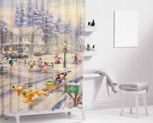 Mickey’S Friends Victorian Christmas Bathroom Shower Curtain Fabric Waterproof | 66 X 72 Inch
