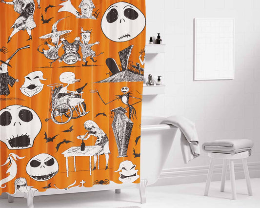 Nightmare Before Christmas Halloween Cotton Fabric Bathroom Shower Curtain Fabric Waterproof | 66 X 72 Inch