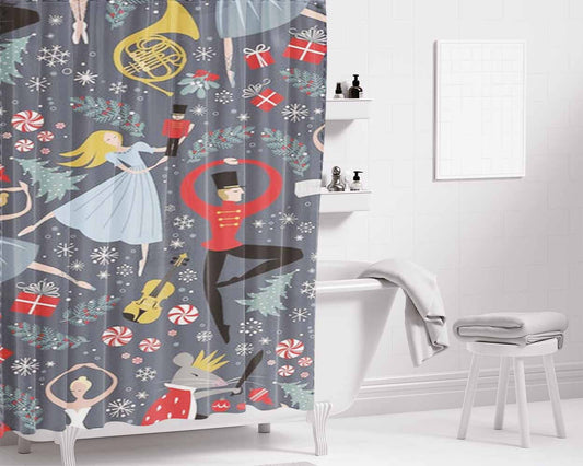 Nutcracker Ballet Pattern - Christmas Bathroom Shower Curtain Fabric Waterproof | 66 X 72 Inch