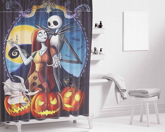 Sally And Zero Halloween And Christmas Bathroom Shower Curtain Fabric Waterproof | 66 X 72 Inch