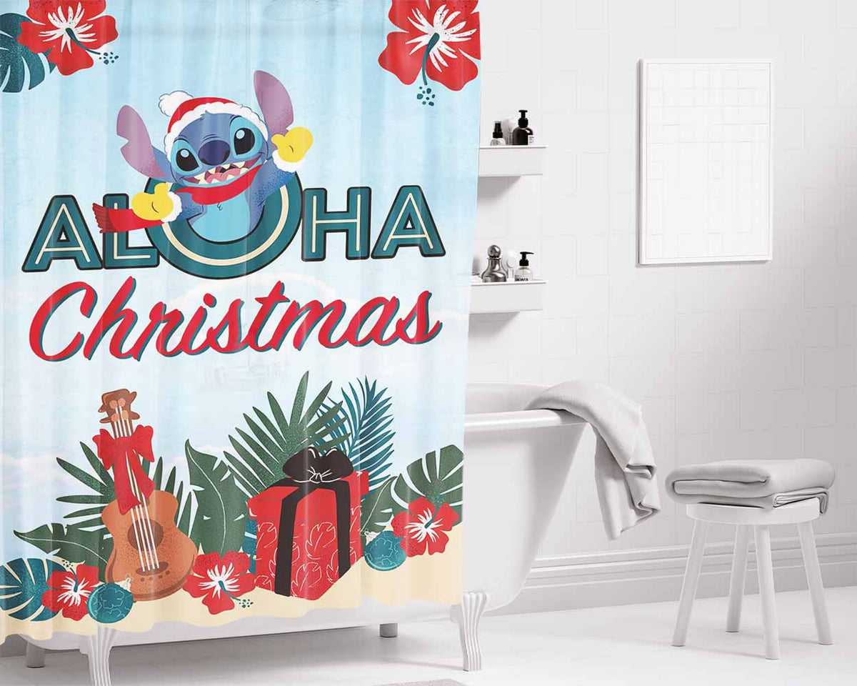 Stitch Aloha Christmas Bathroom Shower Curtain Fabric Waterproof | 66 X 72 Inch