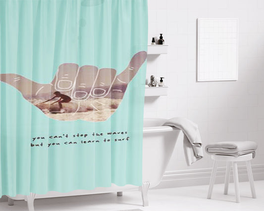 Learn To Surf Blue Green Bathroom Shower Curtain Fabric Waterproof | 66 X 72 Inch