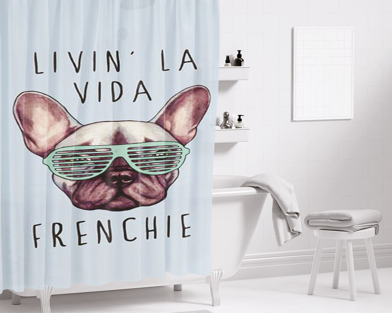 Livin La Vida Frenchie Bathroom Shower Curtain Fabric Waterproof | 66 X 72 Inch