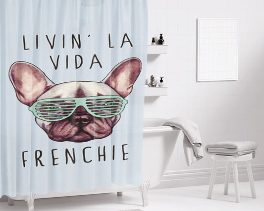 Livin La Vida Frenchie Bathroom Shower Curtain Fabric Waterproof | 66 X 72 Inch