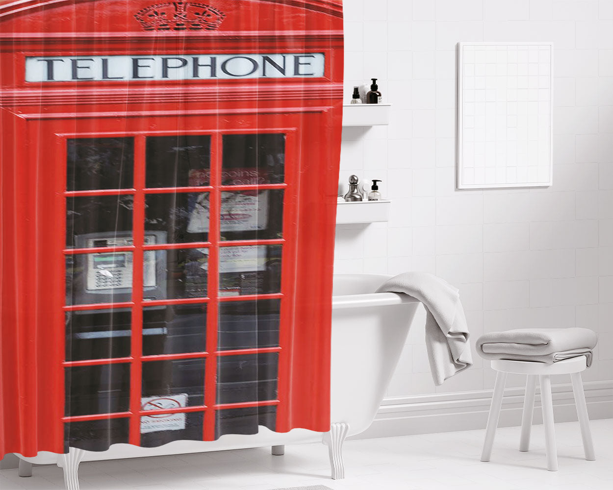 London Telephone Bathroom Shower Curtain Fabric Waterproof | 66 X 72 Inch