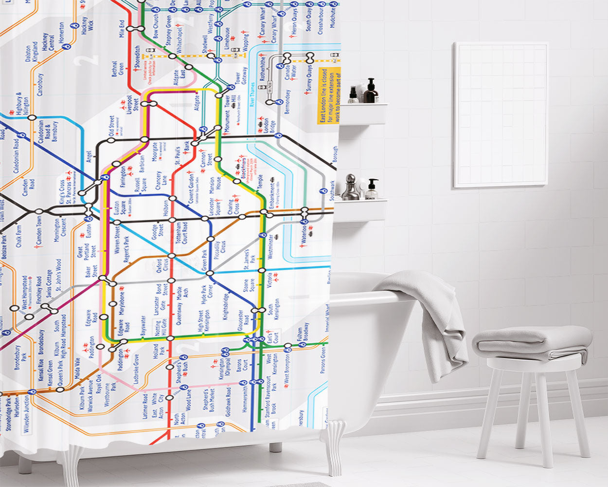 London Tube Map Bathroom Shower Curtain Fabric Waterproof | 66 X 72 Inch