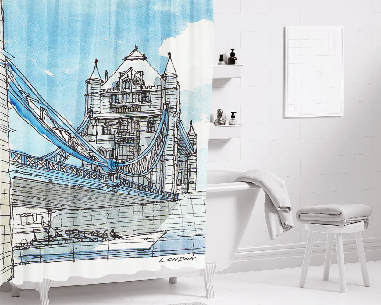 London Bathroom Shower Curtain Fabric Waterproof | 66 X 72 Inch