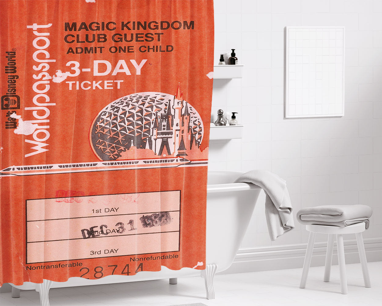Magic Kingdom Epcot Center Ticket Bathroom Shower Curtain Fabric Waterproof | 66 X 72 Inch