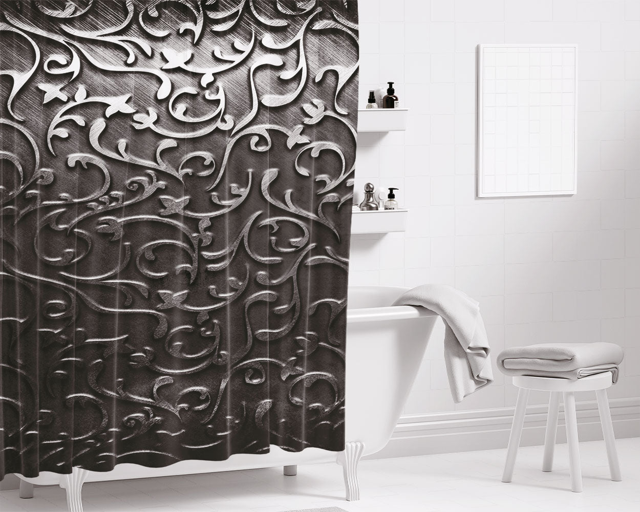 Metallic Flower Bathroom Shower Curtain Fabric Waterproof | 66 X 72 Inch