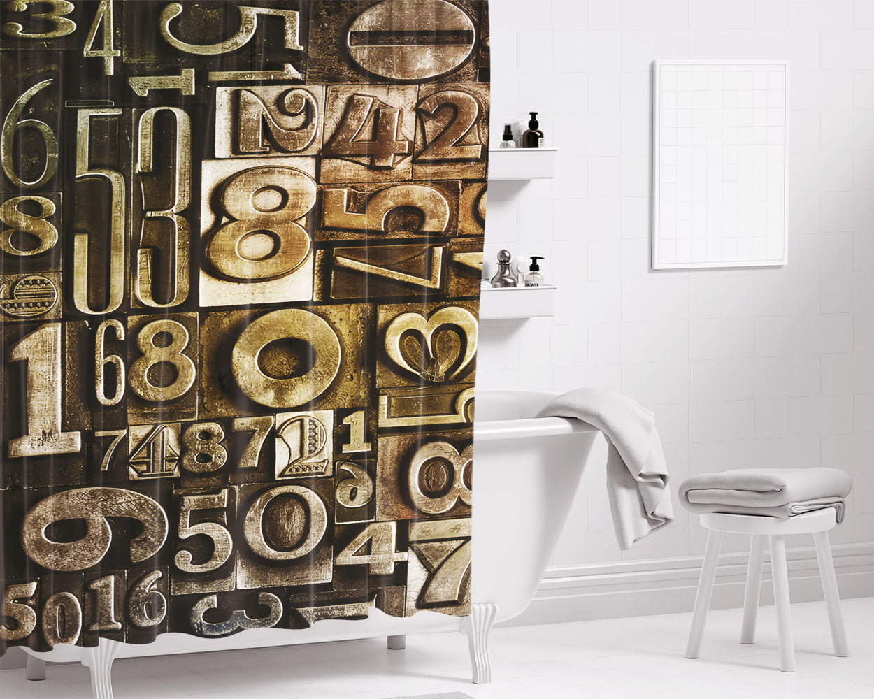 Metallic Numbers Bathroom Shower Curtain Fabric Waterproof | 66 X 72 Inch