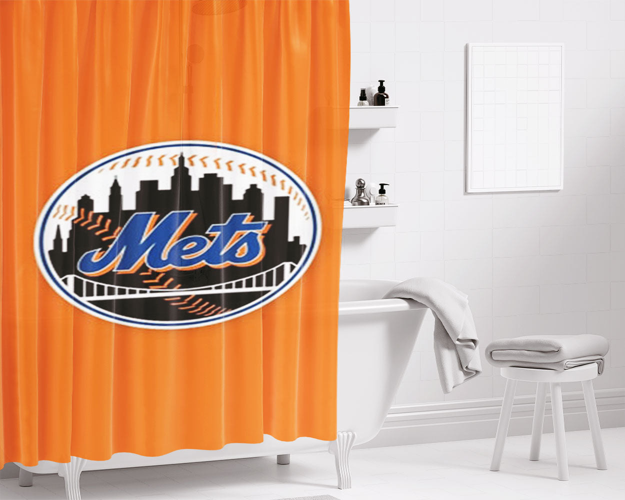 Mets Ball Logo Bathroom Shower Curtain Fabric Waterproof | 66 X 72 Inch