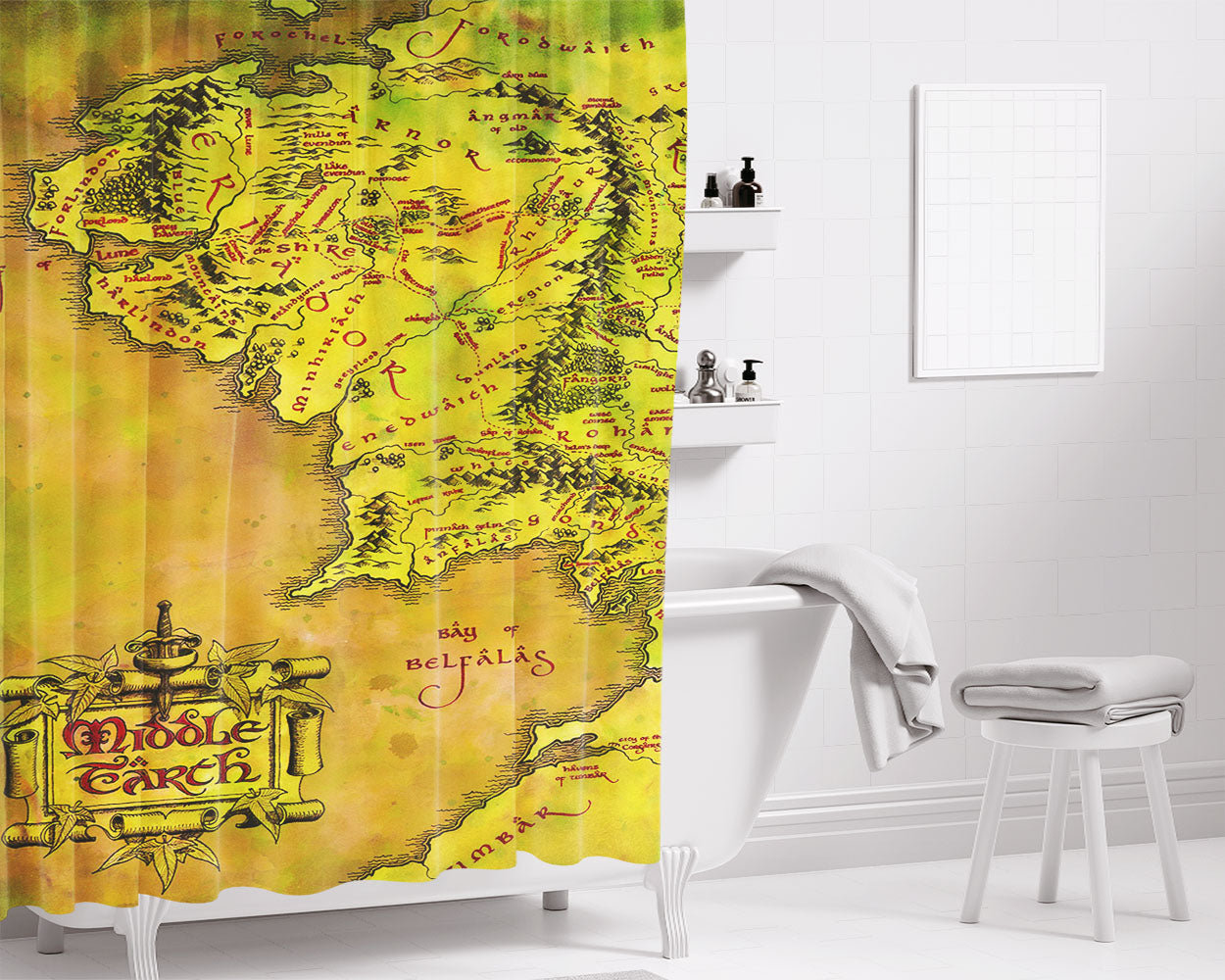 Middle Earth Map Bathroom Shower Curtain Fabric Waterproof | 66 X 72 Inch