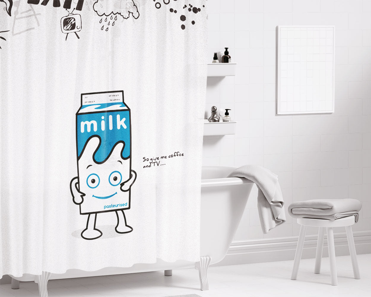 Milk Coffee And Tv Bathroom Shower Curtain Fabric Waterproof | 66 X 72 Inch