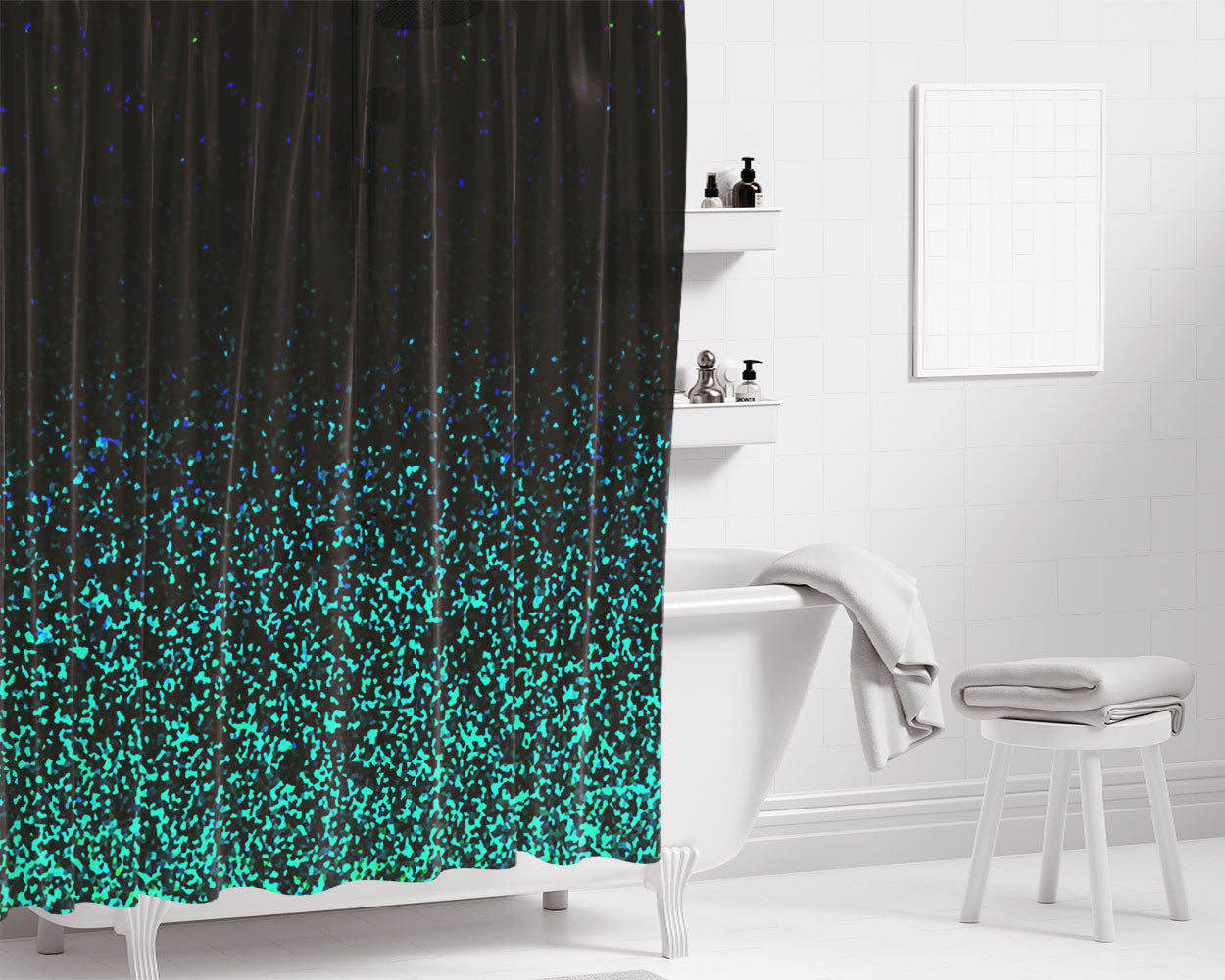 Mint Glitter Bathroom Shower Curtain Fabric Waterproof | 66 X 72 Inch