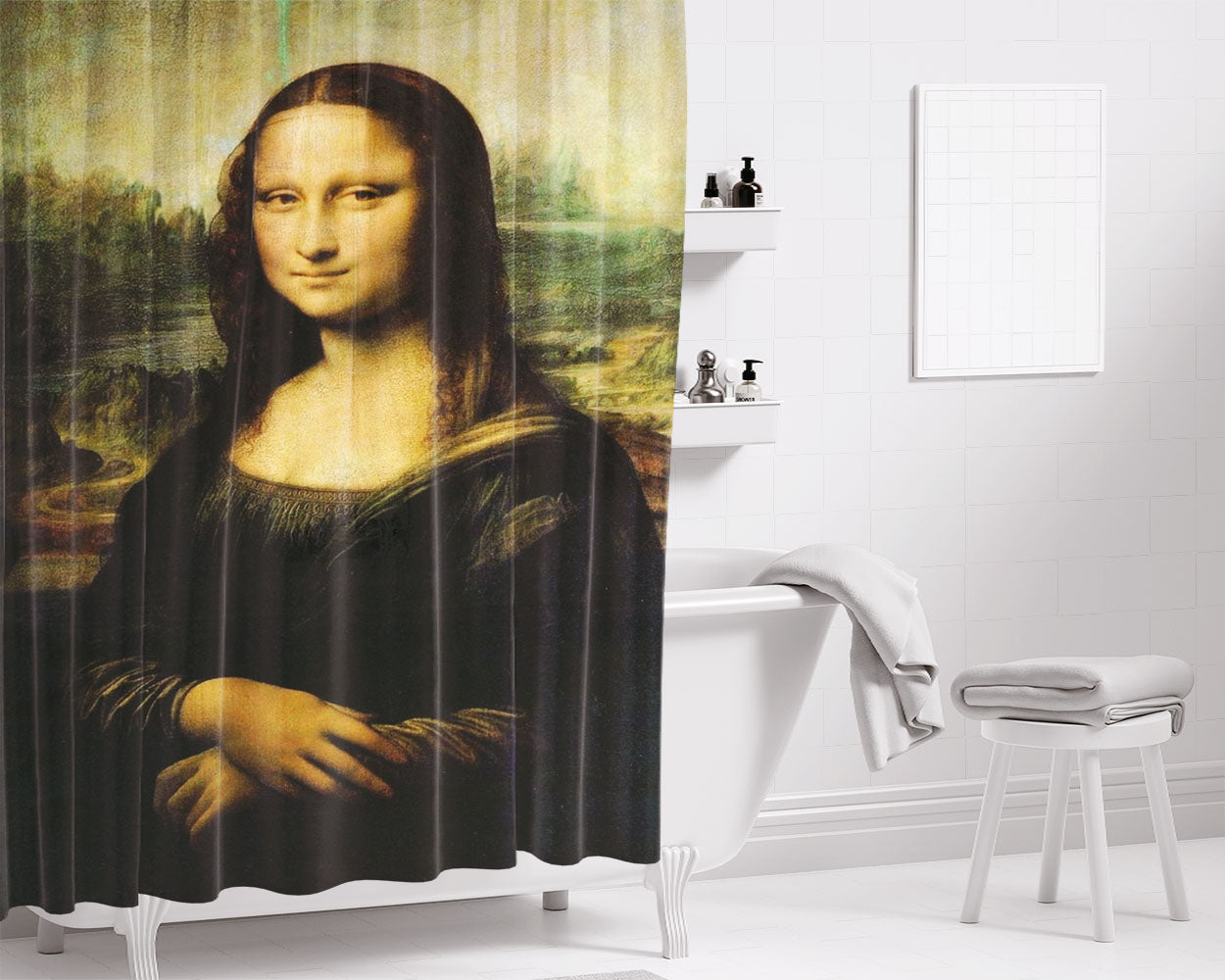 Mona Lisa Art- Bathroom Shower Curtain Fabric Waterproof | 66 X 72 Inch