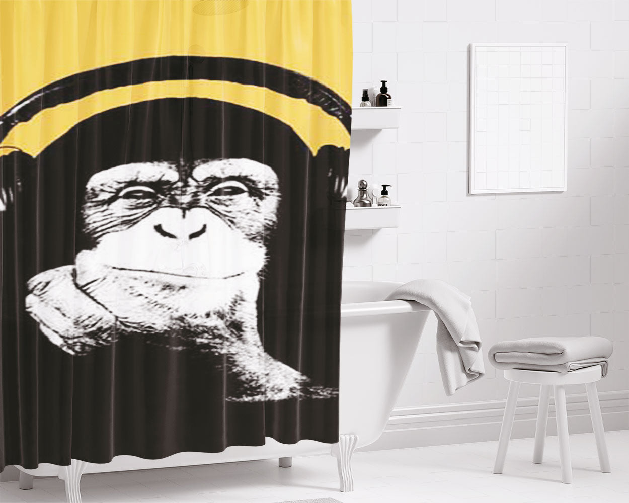 Monkey Headphones Bathroom Shower Curtain Fabric Waterproof | 66 X 72 Inch