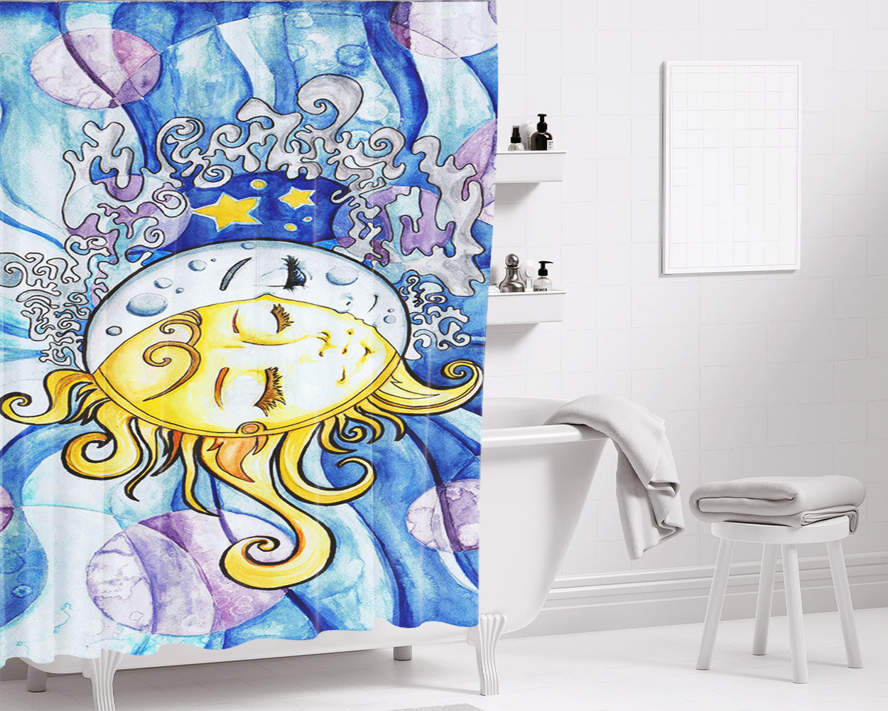Moon And Sun Bathroom Shower Curtain Fabric Waterproof | 66 X 72 Inch
