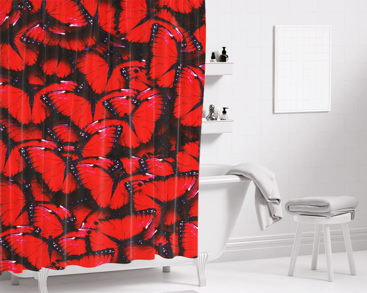 Red Butterflies Bathroom Shower Curtain Fabric Waterproof | 66 X 72 Inch