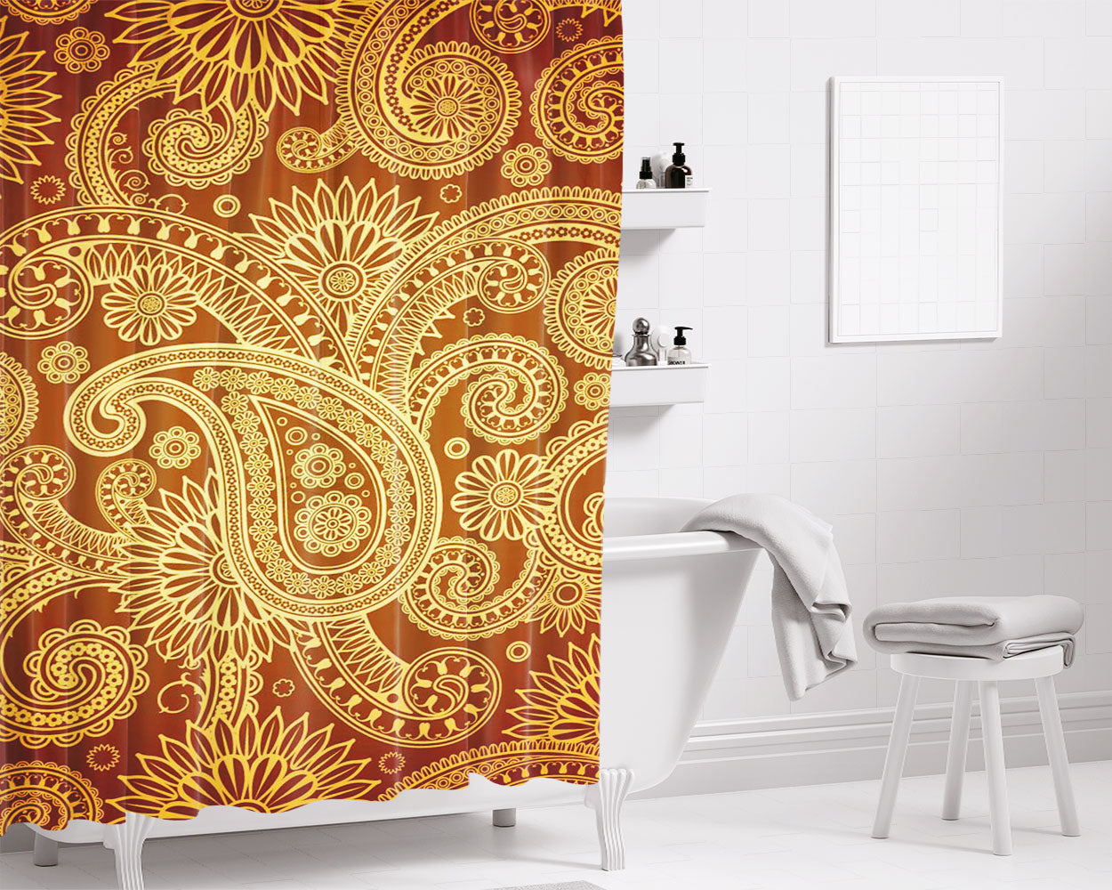 Red Gold Damask Pattern Bathroom Shower Curtain Fabric Waterproof | 66 X 72 Inch
