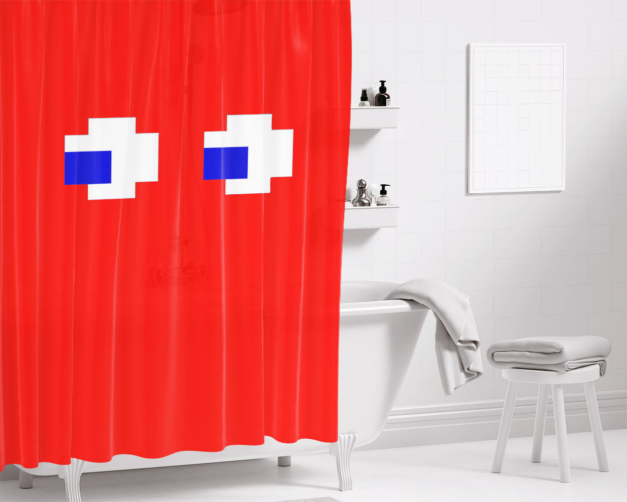Red Pacman Inspired Bathroom Shower Curtain Fabric Waterproof | 66 X 72 Inch