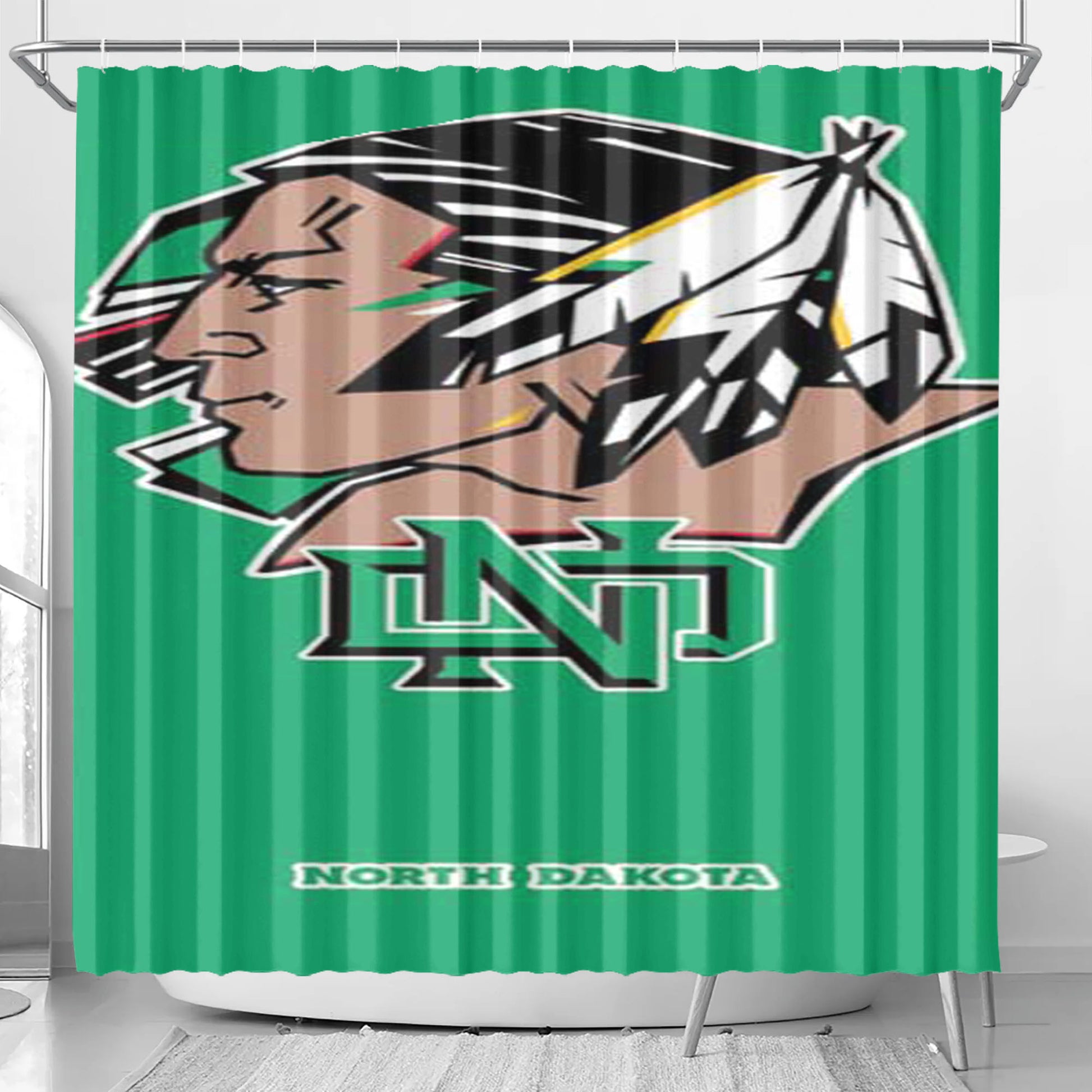 North Dakota Sioux Big Logo Green Bkg Bathroom Shower Curtain Fabric Waterproof | 66 X 72 Inch