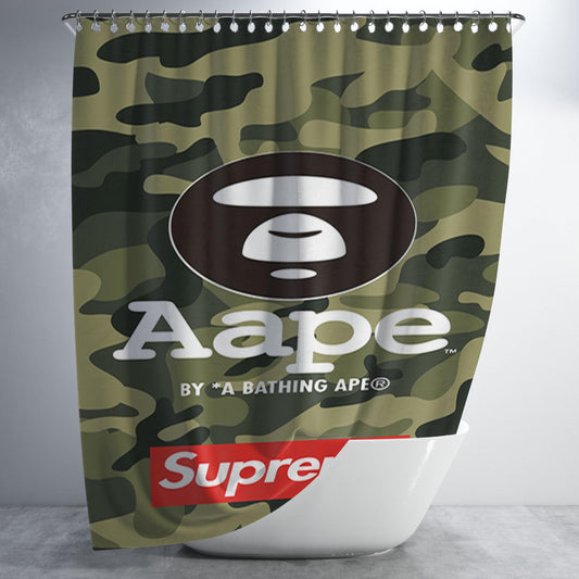 Aape Logo Camouflage Supreme Bathroom Shower Curtain Fabric Waterproof | 66 X 72 Inch