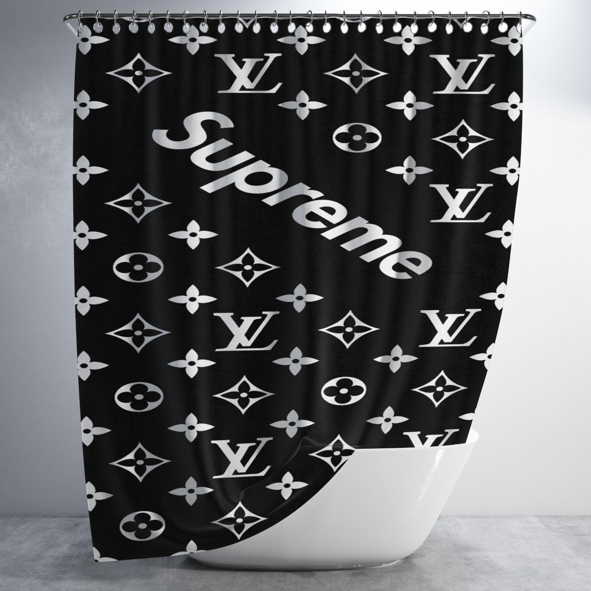 Black Supreme Louis Vuitton Pattern Bathroom Shower Curtain Fabric Waterproof | 66 X 72 Inch