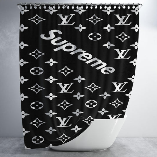 Black Supreme Louis Vuitton Pattern Bathroom Shower Curtain Fabric Waterproof | 66 X 72 Inch