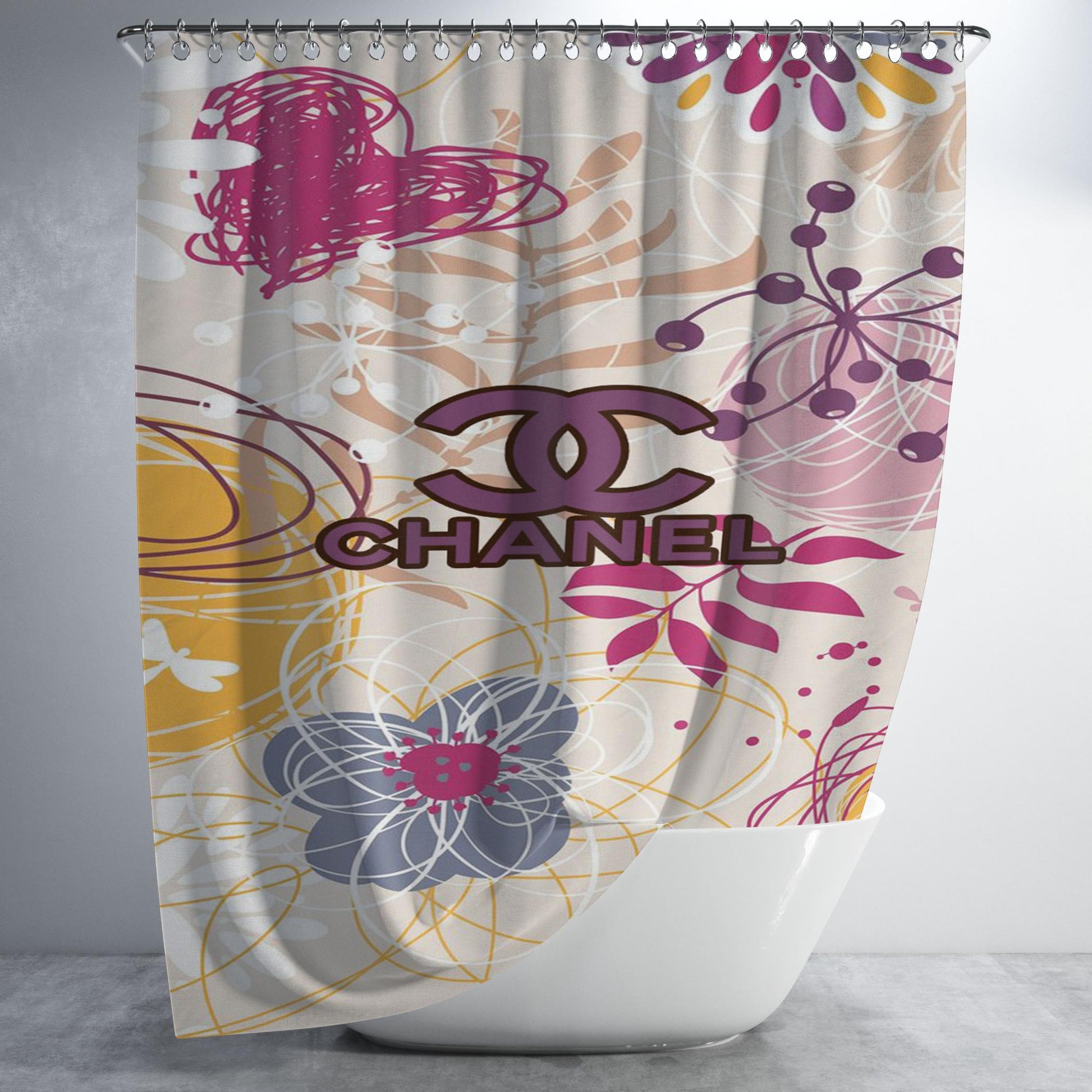 Chanel Latte Colour Mix Floral Bathroom Shower Curtain Fabric Waterproof | 66 X 72 Inch