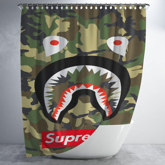 Face Shark Camou Supreme Bathroom Shower Curtain Fabric Waterproof | 66 X 72 Inch