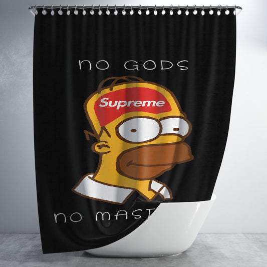 Homer Simpson Supreme No Gods No Masters Black Bathroom Shower Curtain Fabric Waterproof | 66 X 72 Inch