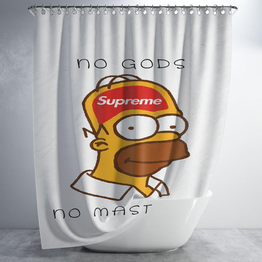 Homer Simpson Supreme No Gods No Masters White Bathroom Shower Curtain Fabric Waterproof | 66 X 72 Inch