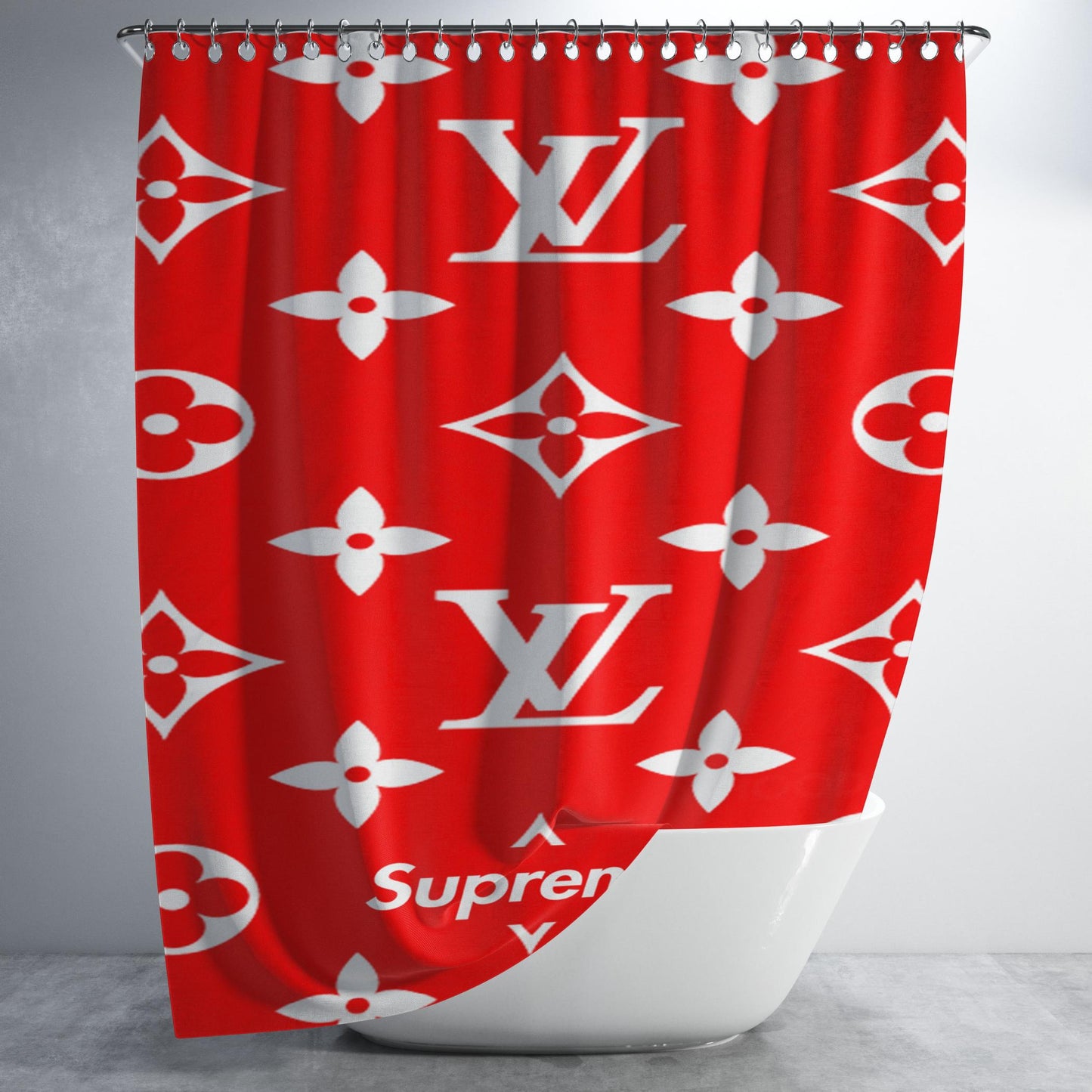 Louis Vuitton X Supreme Red Patern Bathroom Shower Curtain Fabric Waterproof | 66 X 72 Inch
