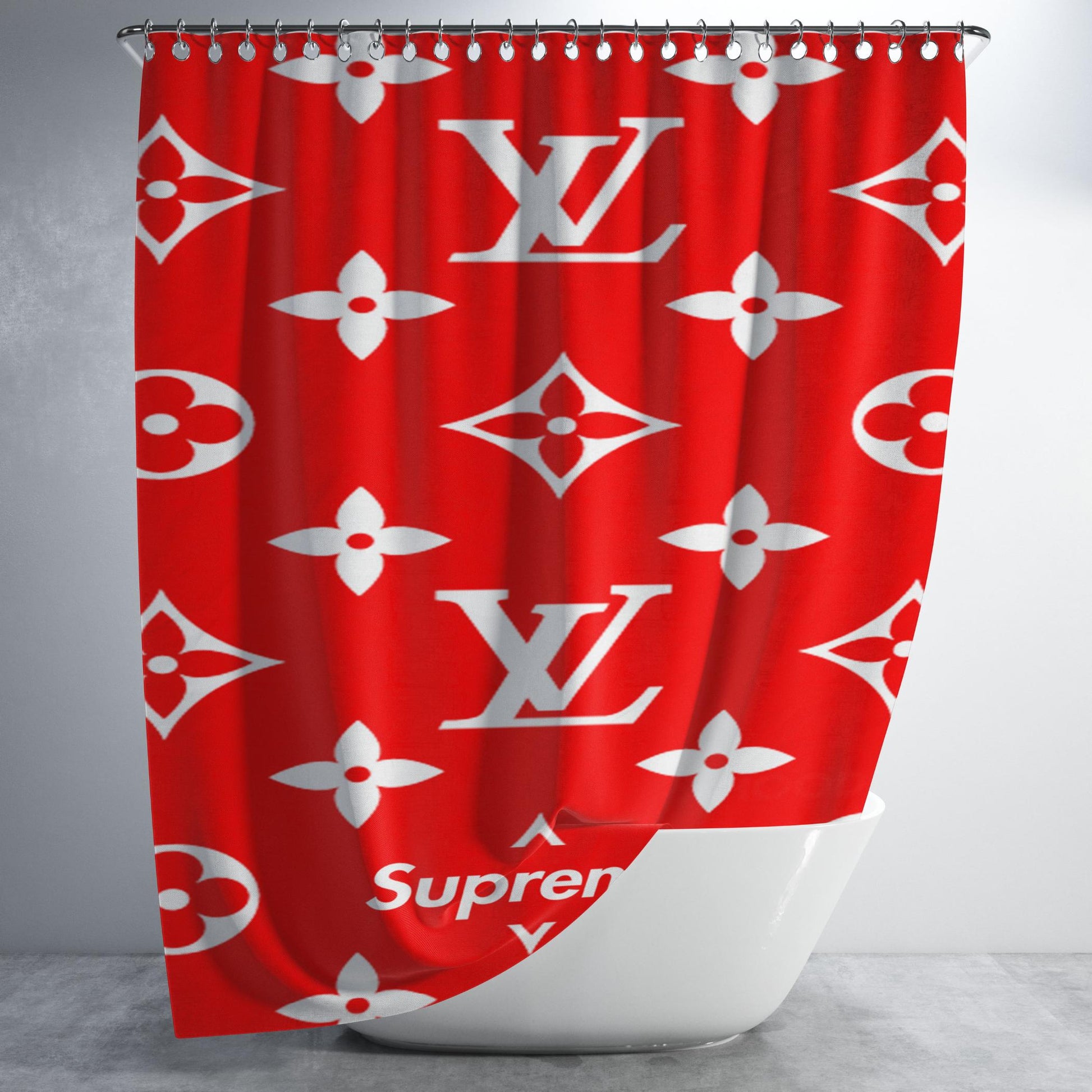 Louis Vuitton X Supreme Red Patern Bathroom Shower Curtain Fabric Waterproof | 66 X 72 Inch