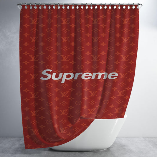Red Supreme Louis Vuitton Bathroom Shower Curtain Fabric Waterproof | 66 X 72 Inch