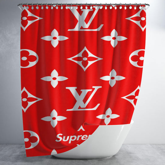 Red Supreme Luois Vuitton Bathroom Shower Curtain Fabric Waterproof | 66 X 72 Inch