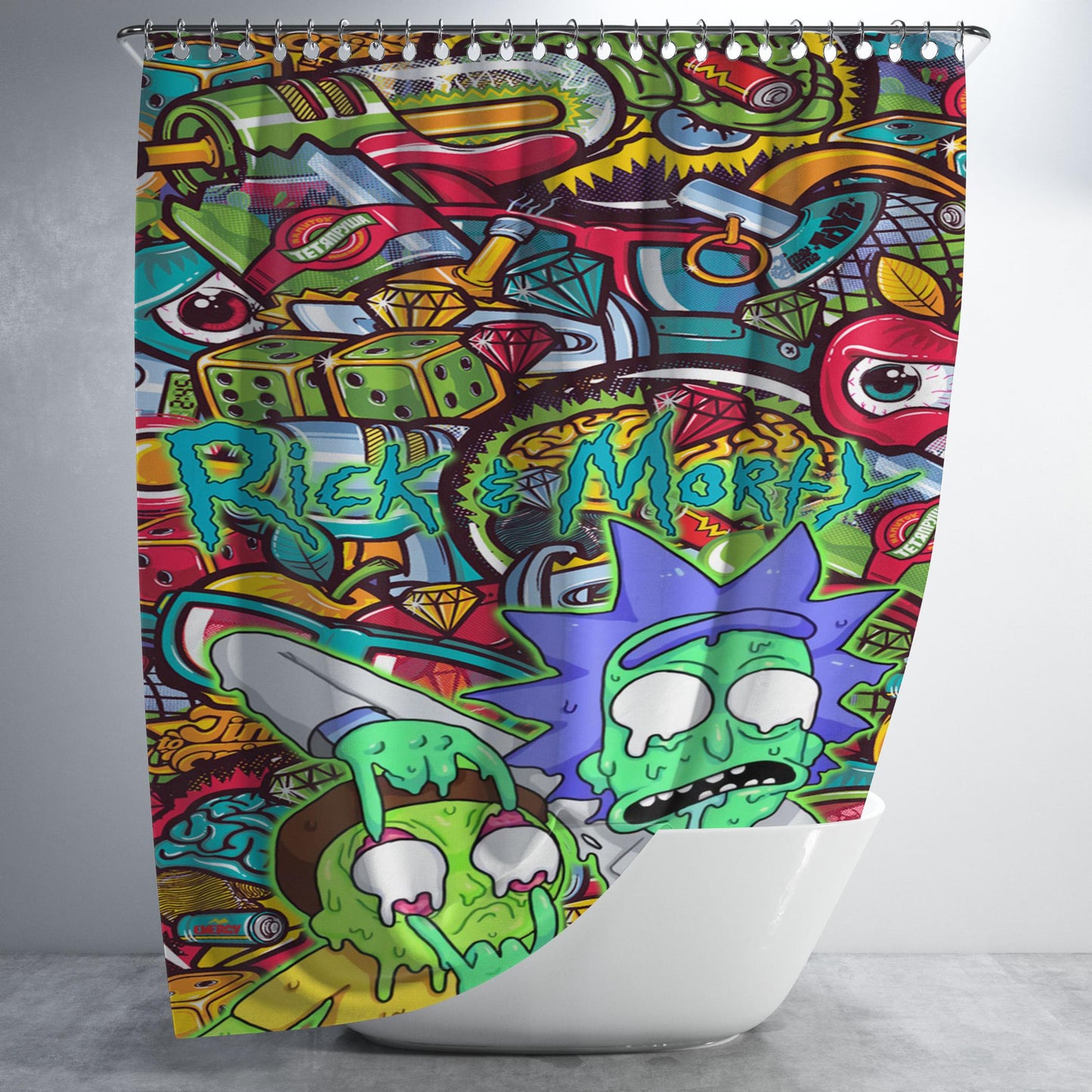 Rick And Morty Melt In Doodle Bathroom Shower Curtain Fabric Waterproof | 66 X 72 Inch