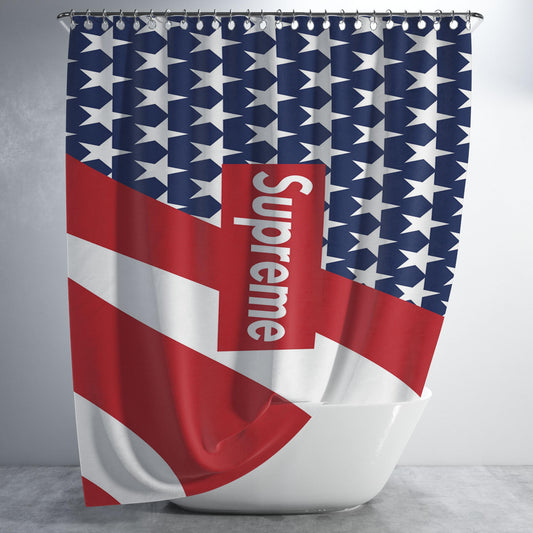 Supreme American Flag Logo Bathroom Shower Curtain Fabric Waterproof | 66 X 72 Inch
