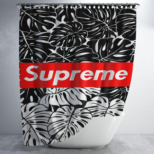 Supreme Leaf Monochrome Bathroom Shower Curtain Fabric Waterproof | 66 X 72 Inch