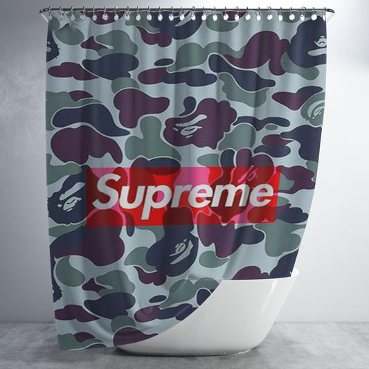 Supreme Logo Camo Bathroom Shower Curtain Fabric Waterproof | 66 X 72 Inch