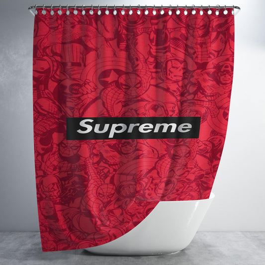 Supreme Red Marvel Superheroes Doodles Bathroom Shower Curtain Fabric Waterproof | 66 X 72 Inch