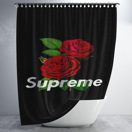 Supreme Rose Back Black Bathroom Shower Curtain Fabric Waterproof | 66 X 72 Inch